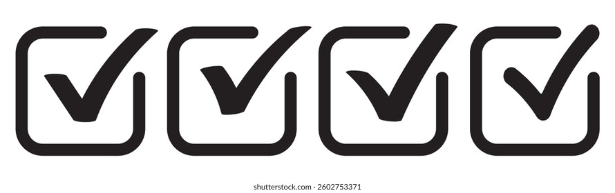 Black Check mark icon vector set. Black tick check mark icon. Set of black check mark isolated vector icons. Vote symbol tick. Approved symbol. Check mark icon set. Tick list button icon