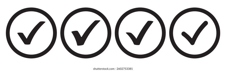 Black Check mark icon vector set. Black tick check mark icon. Set of black check mark isolated vector icons. Vote symbol tick. Approved symbol. Check mark icon set. Tick list button icon