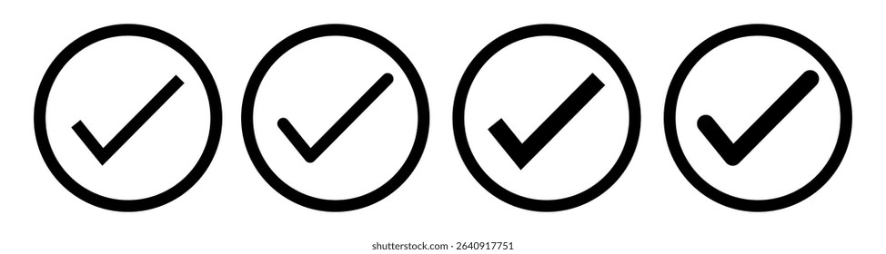 Black Check mark icon vector set. Black tick check mark icon. Set of black check mark isolated vector icons. Vote symbol tick. Approved symbol. Check mark icon set. Tick list button icon