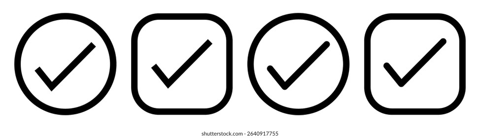 Black Check mark icon vector set. Black tick check mark icon. Set of black check mark isolated vector icons. Vote symbol tick. Approved symbol. Check mark icon set. Tick list button icon