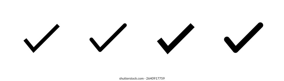 Black Check mark icon vector set. Black tick check mark icon. Set of black check mark isolated vector icons. Vote symbol tick. Approved symbol. Check mark icon set. Tick list button icon