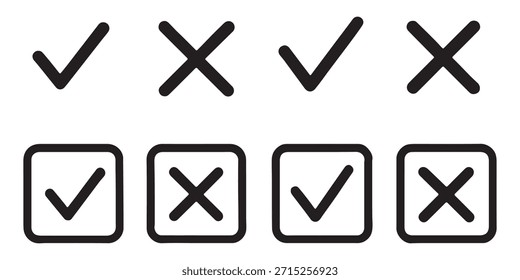Black check mark icons set. Checkmark vector icon collection. Checked icon or correct choice sign. Check mark or checkbox pictogram. Vector illustration