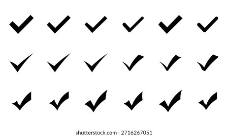 Conjunto de iconos de marca de verificación negra. Compruebe las señales y símbolos del Botón. Marque los iconos vectoriales. Ilustración vectorial. Diseño de icono aprobado de fondo blanco.