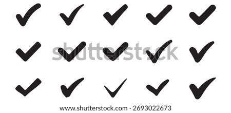 Black check mark label and approve sign and symbol, answer button confirm mark set, check mark and OK sign, vector eps 10 file, 