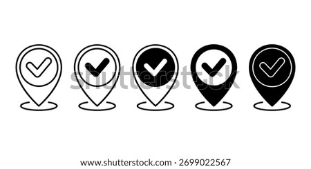 Black check mark location pin representing completion, approval, or destination success.