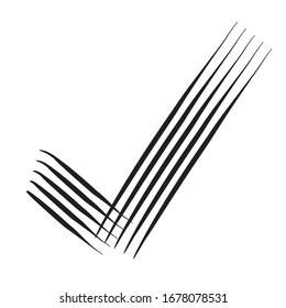 Marca de verificación negra en el icono dibujado con lápiz de fondo blanco esbozado como símbolo vectorial. Concepto correcto, sí y positivo.