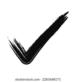 Black check mark on a white background, painted with a grunge brush. Icon, vector