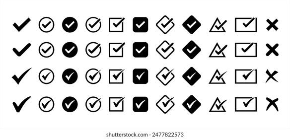 Black check mark and red cross icon set. Circle, rectangle, triangle and square. Tick symbol in black color, vector illustration