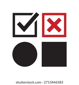 Marca de verificación negra e icono de cruz roja . Círculo y cuadrado. Símbolo de la marca, Ilustración vectorial.