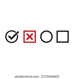 Marca de verificación negra e icono de cruz roja . Círculo y cuadrado. Símbolo de la marca, Ilustración vectorial.