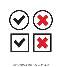 black check mark and red cross icon . Circle and square. Tick symbol , vector illustration.