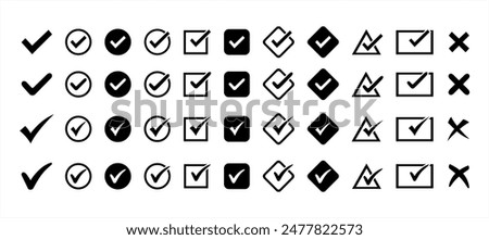 Black check mark and red cross icon set. Circle, rectangle, triangle and square. Tick symbol in black color, vector illustration