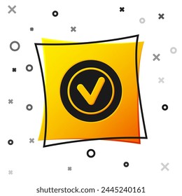 Black Check mark in round icon isolated on white background. Check list button sign. Yellow square button. Vector