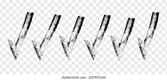 Markierungssatz für schwarze Markierung. Tick Grunge Bürste Symbol. OK, ja oder rechtes Zeichen. Flache grafische Vektorgrafiken, isoliert