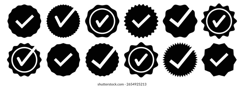 Symbol für die schwarze Häkchenüberprüfung, Symbolvektor. Kontrollkästchen-Symbol mit korrektem, akzeptieren Sie Markierungssymbole, die auf weißem Hintergrund isoliert sind.