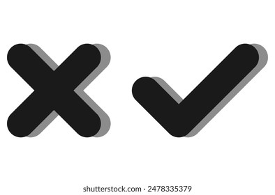 Marca de verificación negra y cruz X, corrección de signos de terror icono de Vector