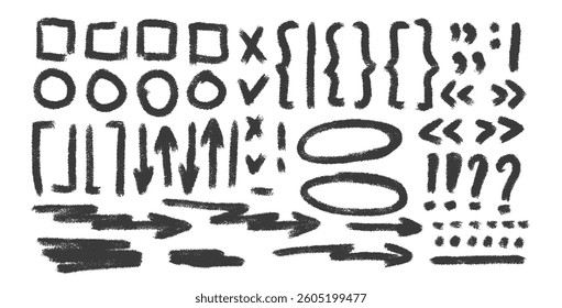 Black check marks, arrow doodle set. Charcoal underlines, quotation marks, brackets and signs. Scribble sketch pencil emphasis note highlights. Vector hand drawn illustration on white background.