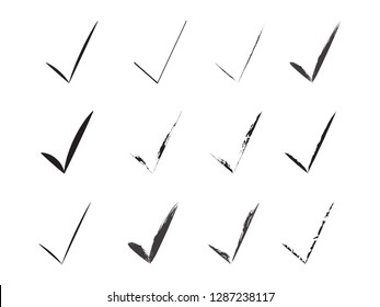 Black Check Marks Brush Painted Collection. Voting Tick Design. Stroke Ticks Set. Original Confirm Icons Background