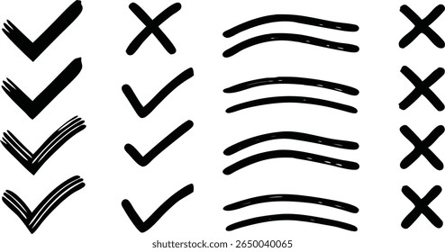 Black check marks crosses and underlines on white