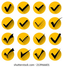 Black check marks in yellow circles - with long shadow. Vector illustration