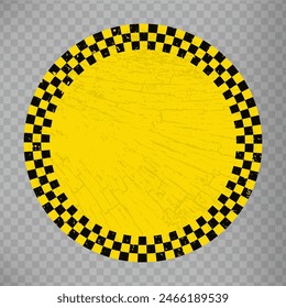 Black check Stripped circle on yellow background. Text space.  Warning Background. Yellow and black construction and attention template on transparent background.  EPS10.