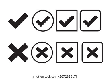 Black Check tick mark icon set. Cross box x check mark checkbox v list vector draw hand drawn sketch doodle brush marker checklist symbol wrong right circle. Hand drawn check tick mark icon set.EPS 10