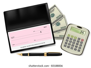 Black checkbook with check, calculator and dollars. Vector illustration.