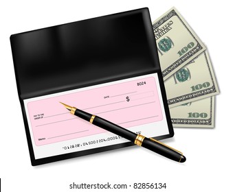 Black Checkbook With Check, Pen And Dollars. Vector Illustration.