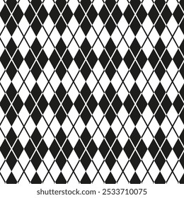 Padrão preto quadriculado. Grade geométrica uniforme. Textura diagonal em losango. Fundo do vetor monocromático.