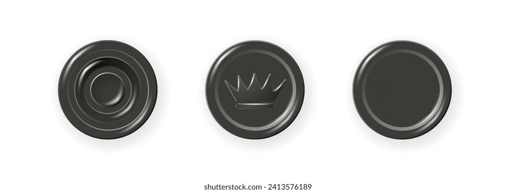 Black checkers chips. 3d realistic round badge with circle convex lines on surface and shadow to play on checkerboard. Vector