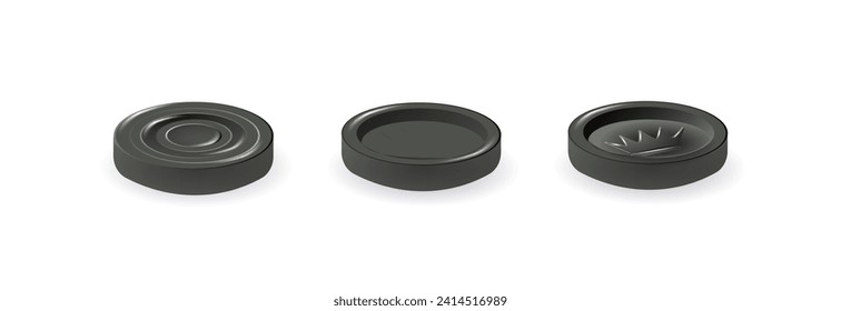 Black checkers chips. 3d realistic round badge with circle convex lines on surface and shadow to play on checkerboard. Vector