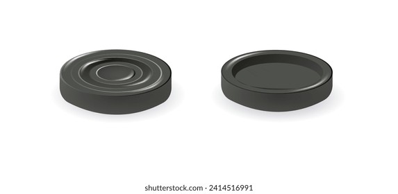 Black checkers chips. 3d realistic round badge with circle convex lines on surface and shadow to play on checkerboard. Vector