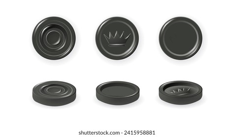 Black checkers chips. 3d realistic round badge with circle convex lines on surface and shadow to play on checkerboard. Vector