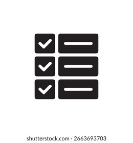 Schwarzes Checklisten-Symbol mit Häkchen in Quadraten und Listenelementen in Rechtecken, einzeln auf weißem Hintergrund, das Aufgaben und Fertigstellung darstellt.