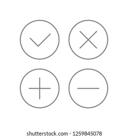 Black checkmark, Cross & Plus, Minus, x, v, +, - rounded shape linear style icons. Contour concept flat design. Vector black thin outline graphic drawing, isolated on white background