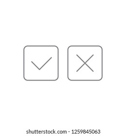 Black checkmark & cross, x & v rounded square shape black contour thin line icon, simple graphic flat design for app, ui, ux, web, button, interface vector isolated on white background