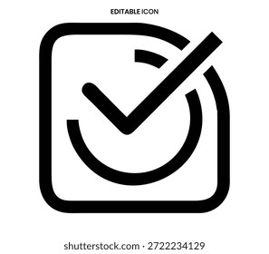 Um ícone de marca de seleção preta em um quadro quadrado demonstra um status de ação ou confirmação bem-sucedido.