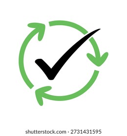 Black checkmark surrounded by green circular arrows representing approval