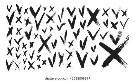 Black checkmarks and crosses are drawn with brush, set of grunge checkmarks and crosses, brushes of different designs for decoration, tick cross sign elements, vector buttons for vote, grunge elements