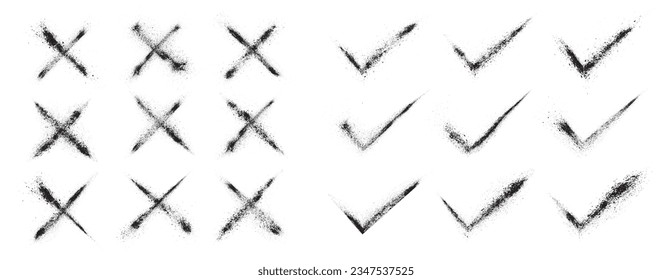 Black checkmarks isolated on white background. Check signs set with grunge style effect. Distressed rough scratch textured. Abstract vintage element bundle. Graphic design template fragment concept