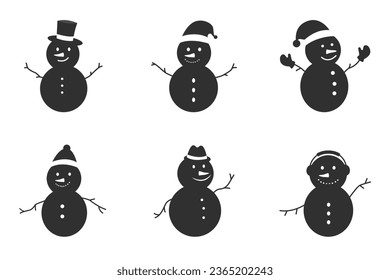 Black Cheerful Snowman set in different costumes. Winter, Christmas, and New Year design elements