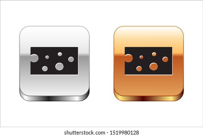 Black Cheese icon isolated on white background. Silver-gold square button. Vector Illustration