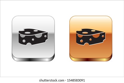 Black Cheese icon isolated on white background. Silver-gold square button. Vector Illustration