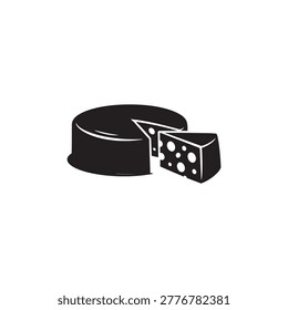 Black Cheese Wheel with Slice Cut Silhouette — Round Swiss Omental Dairy Block with Holes on White Background, Gourmet Food Flat Vector Illustration