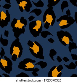 Black Cheetah Vector Seamless Pattern Blue Background. Creative Jaguar Handmade Tiles. Crumpled Panther Design. Yellow Animal Leopard Fabric Design Graffiti Background.