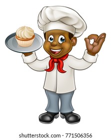 A black chef or baker cartoon character holding a plate with a cupcake or fairy cake on it
