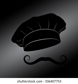 Black Chef and cook hats set isolated with mustache