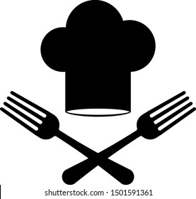 Black Chef hat and crossed fork icon isolated on white background. Cooking symbol. Restaurant menu. Cooks hat.  Vector Illustration