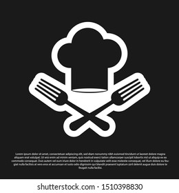 Black Chef hat and crossed fork icon isolated on black background. Cooking symbol. Restaurant menu. Cooks hat.  Vector Illustration
