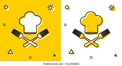 Black Chef hat and crossed fork icon isolated on yellow and white background. Cooking symbol. Restaurant menu. Cooks hat. Random dynamic shapes. Vector Illustration